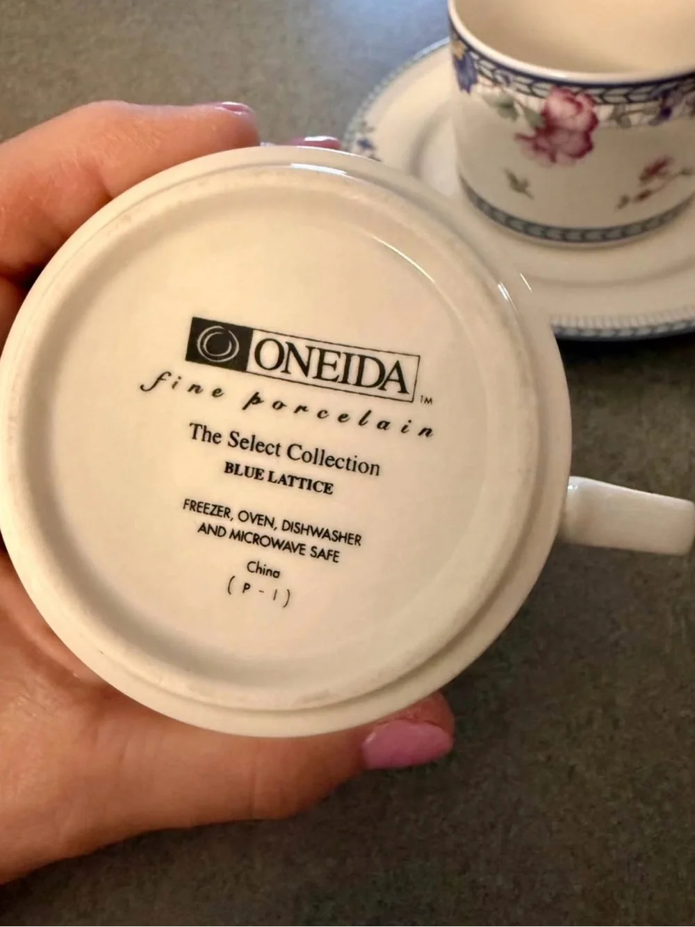 Oneida Fine Porcelain BLUE LATTICE Pattern Coffee Cup & Saucer Set (set of 2)